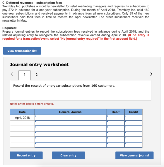 C. Deferred revenues—subscription fees Tremblay Inc. publishes a monthly newsletter for retail marketing managers and require