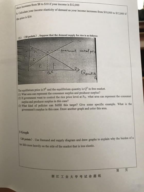 from $8 to $10 if your income is $12,000 ur income elasticity of demand as your income increases from $10,000 to $12,000 if the price is $16 (30 points) . Suppose that the demand supply for rice is as follows: Honti The equilibrium price is PE and the equilibrium quantity is Q in free market. (1) What area can represent the consumer surplus and producer surplus (2) If government want to control the rice price le vel at Po, what area can represent the consumer surplus and producer surplus in this case? 3) What kind of policies can fulfill this target? Give some specific example. What is the governments surplus in this case. Draw another graph and color this area. 3 Graph (20 points) . Use D ax falls more heavily on the side of the market that is less elastic. emand and supply diagram and draw graphs to explain why the burden of a 浙江工业大学考试命题纸