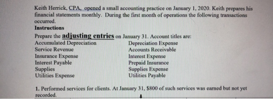 Keith Herrick, CPA, opened a small accounting practice on January 1, 2020. Keith prepares his financial statements monthly. D