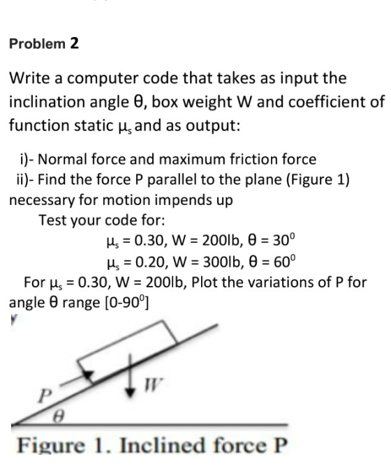 Problem 2 Write a computer code that takes as input the inclination angle θ, box weight w and coefficient of function static usand as output: i)- Normal force and maximum friction force i)-Find the force P parallel to the plane(Figure 1) necessary for motion impends up Test your code for: 0.30, w-2001b, 8-300 A, 0.20, w 3001 b, 8-600 For Hs 0.30, W 200lb, Plot the variations of P for angle θ range [0-900] Figure 1. Inclined force P