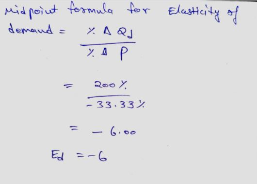 Midpoint formula for Elasticity of demand = Y AQJ у Р 200. -33.33% 6.00 Ed = -6