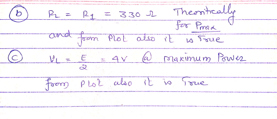 (6) R = R1 = 3302 Theoritically - for Pmax Plot also it is true Ve = t = 4V @ maximum Power form Plot also it is True