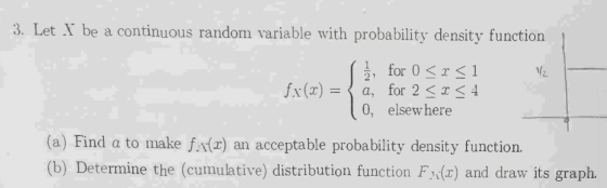 be a continuous random variable with probability density function 3. Let for 0 r 1 a, for 2 < < 4 0, elsew here 2 7 fx(x) = (