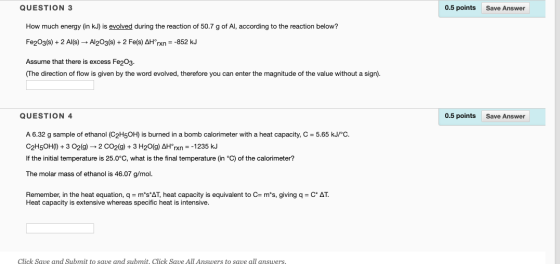 QUESTION 3 0.5 points Save Answer How much energy (in kJ) is evolved during the reaction of 50.7 g of Al, according to the re