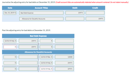 Journalize the adjusting entry for bad debts at December 31, 2019. (Credit account titles are automatically indented when amo