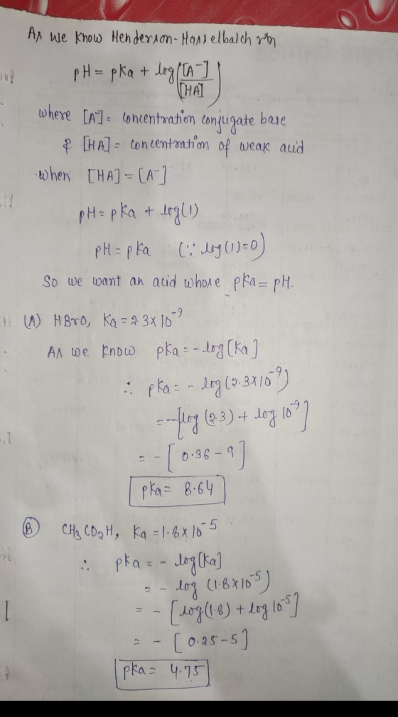 As we know Henderson- Hasselbalch som of PH = pka + log([A-] THAI where [A]: concentratiem conjugate base & [Hal- concentrati