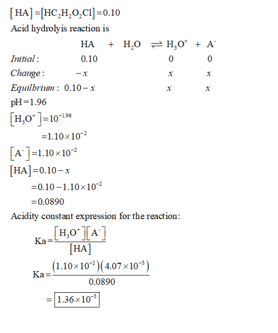 + A [HA]=[HC,H,O,Cl]=0.10 Acid hydrolyis reaction is HA + H2O = H,0* Initial : 0.10 Change: -X Equilbrium : 0.10- x pH=1.96 [