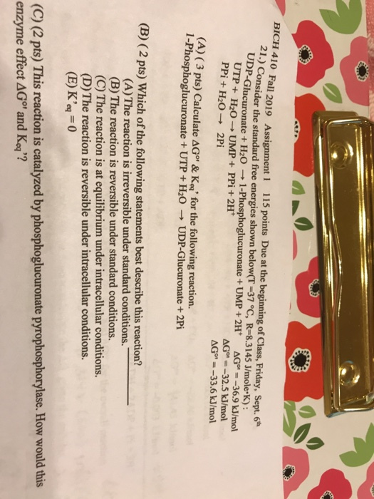 BICH 410 Fall 2019 Assignment 1 115 points Due at the beginning of Class, Friday, Sept. 6 21.) Consider the standard free ene