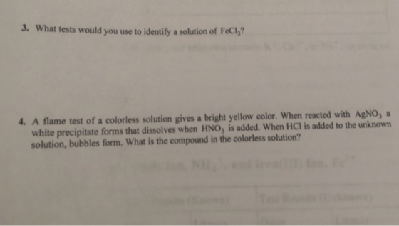 3. What tests would you use to identify a solution of FeCl3? 4. A flame test of a colorless solution gives a bright yellow co