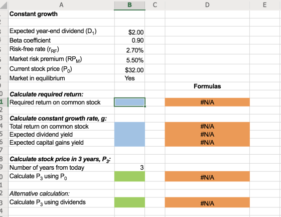 B C Constant growth $2.00 0.90 2.70% Expected year-end dividend (D) Beta coefficient Risk-free rate (TRF) Market risk premium