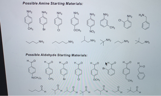 Possible Amine Starting Materials: NH2 NH2 NH2 NH2 NH2 NH2 H2N NH2 CH3 CH3 Br OCH3 CI NO2 NH2 NH2 NH2 NH NH2 NH2 Possible Ald