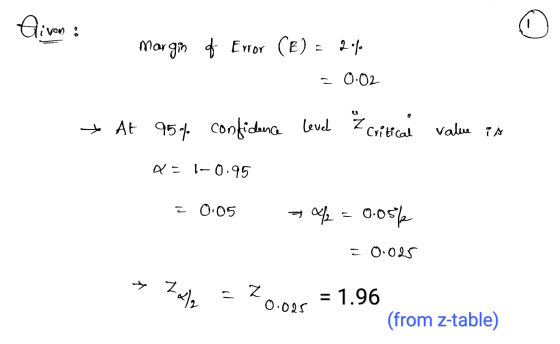 Eivon : Margin of Error (E) = 2.f. 0.02 * At 95% confidence level Ź Critical value is de 1-0.95 Ĉ 0:05 golf = 0.05% = 0.025 X