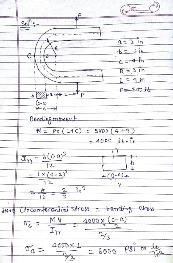 Data Page Sola: B a=2 in b= tin 6-41 R = 3 in Ls 4 in pz Sep- Р b + L Ce-a) for e Bonding moment M = Px (L+C) = 500 x 4+4) 40