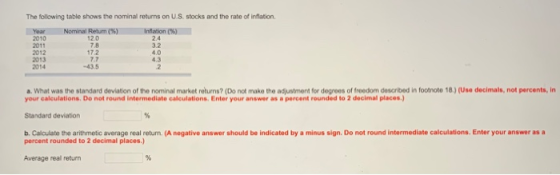 The following table shows the nominal returns on US. stocks and the rate of inflation, ㄧ Year Nominal Return (%) Inflation (%) 12.0 7.8 172 7.7 -43.5 2.4 3.2 4.0 4.3 .2 2010 2011 2014 a. What was the standard deviation of the nominal market returns? (Do not make the adjustment for degrees of freedom described in footnote 18) (Use decimals, not percents, in your caleulations. Do not round intermediate calculations. Enter your answer as a percent rounded to 2 decimal places Standard deviation b. Calculate the arithmetic average real return. (A negative answer should be indicated by a minus sign. Do not round intermediate calculations. Enter your answer as a percent rounded to 2 decimal places.) Average real return