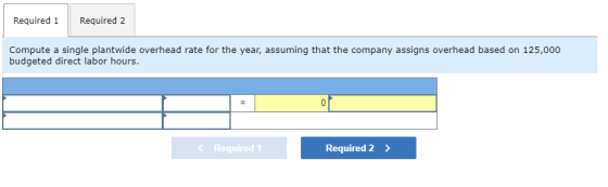 Required 1 Required 2 Compute a single plantwide overhead rate for the year, assuming that the company assigns overhead based