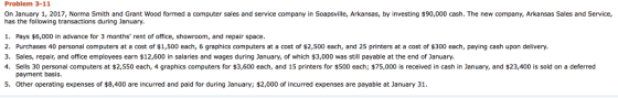 Problem 3-11 On January 1, 2017, Norma Smith and Grant Wood formed a computer sales and service company in Soapsvile, Arkansas, by investing $90,000 cash. The new company, Arkansas Sales and Service, has the following transactions during January. 1. Pays $6,000 in advance for 3 months rent of office, showroom, and repair space 2. Purchases 40 personal computers at a cost of $1,500 each, 6 graphics computers at a cost of $2,500 each, and 25 printers at a cost of $300 each, paying cash upon delivery. 3, Sales, repair, and office employees earn $12,600 in salaries and wages during January, of which $3,000 was still payable at the end o门anuary 4. Sells 30 personal computers at $2,550 each, 4 graphics computers for $3,600 each, and 15 printers for $500 each; $75,000 is received in cash in January, and $23,400 is sold on a deferred payment basis. 5. Other operating expenses of $8,400 are incurred and paid for during January; $2,000 of incurred expenses are payable at January 31.