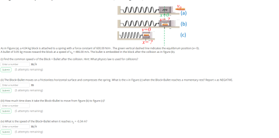 X0- v 2 w a (1) v=0 As in Figure (a), a 4.04 kg block is attached to a spring with a force constant of 600.00 N/m. The green