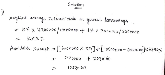 Solution Weighted average Interest rate on general borrowinge = 10% x 420000017200000 + 11% X 3000000/7200000 = 62.92% Avoida