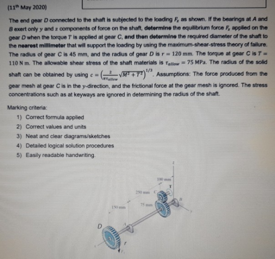 (11th May 2020) The end gear D connected to the shaft is subjected to the loading F, as shown. If the bearings at A and Bexer