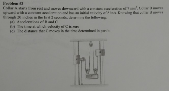 Problem #2 Collar A starts from rest and moves downward with a constant acceleration of 7 ins. Collar B moves upward with a constant acceleration and has an initial velocity of 8 ins. Knowing that collar B moves through 20 inches in the first 2 seconds, determine the following: (a) Accelerations of B and C (b) The time at which velocity of C is zero (c) The distance that C moves in the time determined in part b.