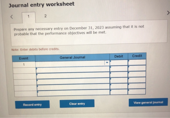 Journal entry worksheet > < 1 2 Prepare any necessary entry on December 31, 2023 assuming that it is not probable that the pe