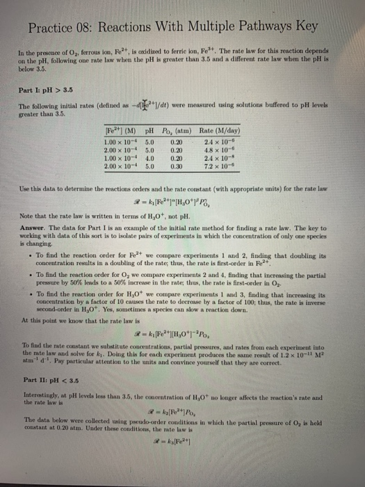 Practice 08: Reactions With Multiple Pathways Key In the presence of O ferrous ion, Fe is oxidized to ferrie lon, Fet. The ra