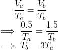 \frac{V_a}{T_a}=\frac{V_b}{T_b}\\ \implies \frac{0.5}{T_a}=\frac{1.5}{T_b}\\ \implies T_b=3T_a