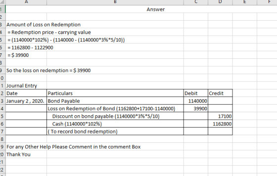 A Answer 1 2 3 Amount of Loss on Redemption 4 = Redemption price - carrying value 5 = (1140000*102%) - (1140000 - (1140000*3%
