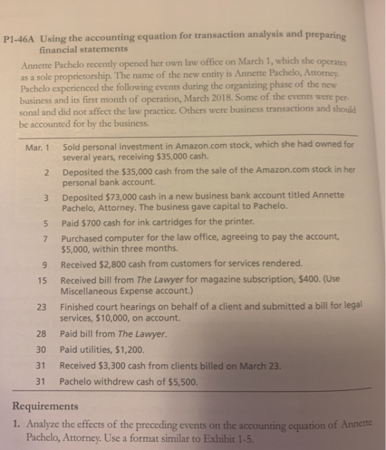 P1-46A Using the accounting equation for transaction analysis and preparing financial statements Annette Pachelo recently ope