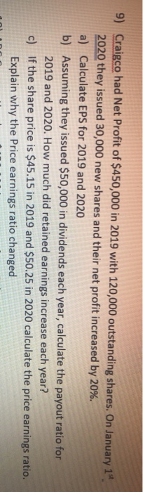 9) Craigco had Net Profit of $450,000 in 2019 with 120,000 outstanding shares. On January 15 2020 they issued 30,000 new shar