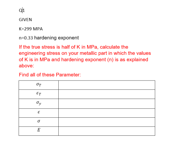 11 GIVEN K=299 MPA n=0.33 hardening exponent If the true stress is half of K in MPa, calculate the engineering stress on your