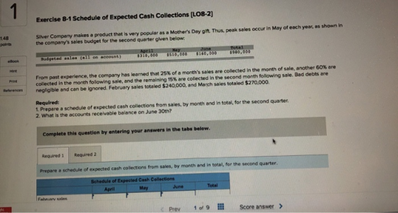 1 Exercise 8-1 Schedule of Expected Cash Collections [LO8-2) Silver Company makes a product that is very popular as a Mother