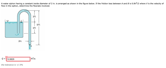 A water siphon having a constant inside diameter of 2 ¡n. is arranged as shown in the figure below. If the friction loss betw