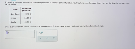 A chemical engineer must report the average volume of a certain pollutant produced by the plants under her supervision. Here