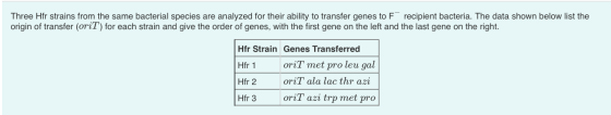 Three Hfr strains from the same bacterial species are analyzed for their ability to transfer genes to F recipient bacteria. T