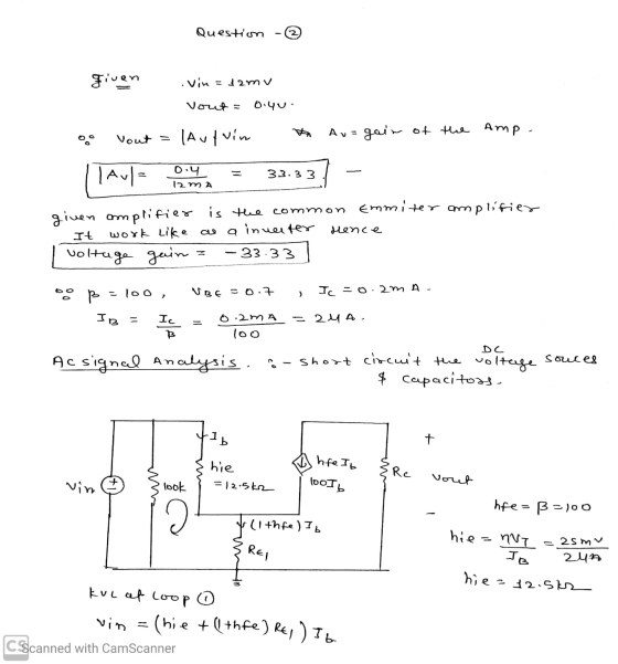 Question - given vin=12mv vout = 0.4u. vout = laufvin * go Au- gair of the Amp. II Avl = 04 = 33.33 12 mA given amplifier is