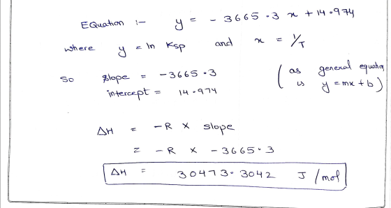 3665.3 n + 14.974 = 1- E Quation Сс and У. where Ksp in co - 3665 - 3 ( as general equation to) so plope intercept y zmatb 14