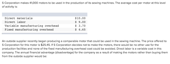 S Corporation makes 41,000 motors to be used in the production of its sewing machines. The average cost per motor at this lev