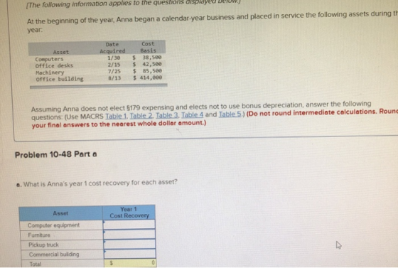The following information applies to the questions alsplay At the beginning of the year, Anna began a calendar-year business