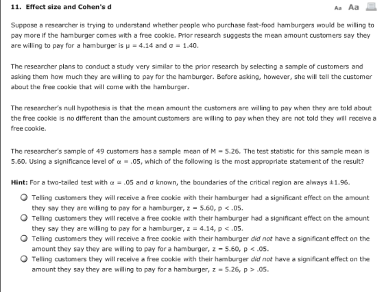11. Effect size and Cohens d Aa Aa Suppose a researcher is trying to understand whether people who purchase fast-food hambur