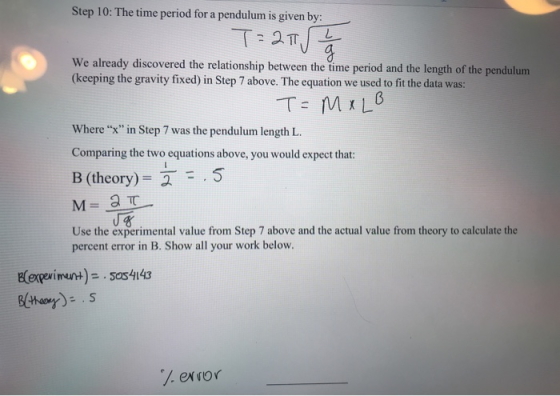Step 10: The time period for a pendulum is given by: L We already discovered the relationship between the time period and the