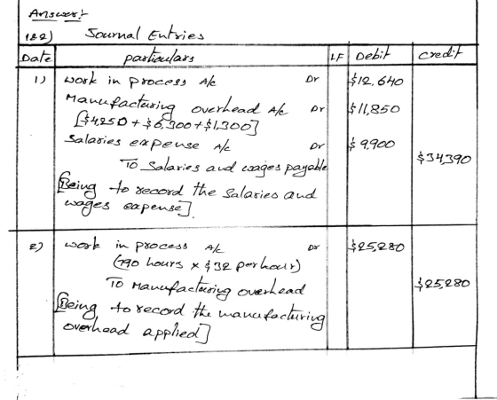 Datel credit $34390 Answert 128) Journal Entries a particulars TIF Debit work in process Ale $$12,640 Manufacturing overhead