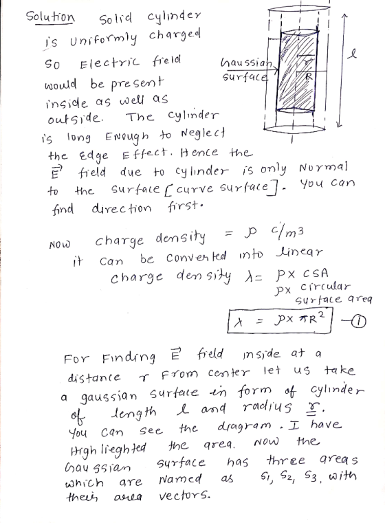 Solution Solid cylinder is Uniformly charged So Electric field haussiah. would be present surface inside as well as outside.