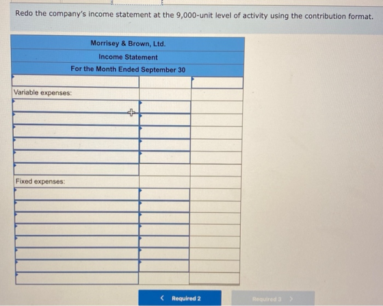 Redo the companys income statement at the 9,000-unit level of activity using the contribution format. Morrisey & Brown, Ltd.