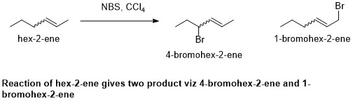 Br NBS, CCI hex-2-ene 1-bromohex-2-ene Br 4-bromohex-2-ene Reaction of hex-2-ene gives two product viz 4-bromohex-2-ene and 1