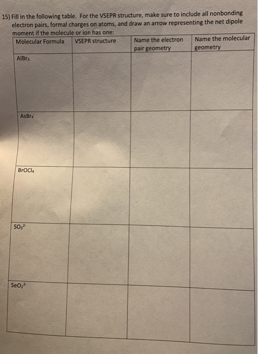 15) Fill in the following table. For the VSEPR structure, make sure to include all nonbonding electron pairs, formal charges