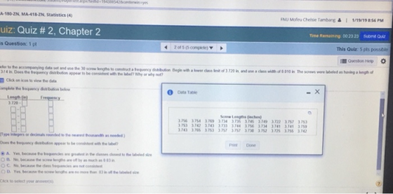A-180-ZN, MA-418-ZN, Statistics (4) NU Mofeu Chelsie Tambang&1 1/19/198:56 PM uìz: Quiz # 2, Chapter 2 Time Remaining: 00.23 23 Submt Quiz s Question: 1 pt 2 of 5 (5 complete) This Quiz: 5 pls possible fer to the accompanying data set and use the 30 screw lengths to construct a f 14 in Does the requency distriation appear to be consistent with the label? Why or why not EQuesion Help requency stibution Begih with a lower dass Ienit of 3 720 in and use a cless with of 0:010 n The scrwws were labeled as having a length of Click on kcon to view the data onglele the hequency distribution below Data Table Length(in)Frequency 3 720 Screw Lengthis (inches) 756 3754 3769 374 3735 3745 3749 3722 3757 37 75) 3742 3743 3733 3744 3756 3734 3741 3741 375 743 3 765 3763 3757 3757 3738 3752 3725 3755 3.742 Type integers or decimals rounded o the nearest thousandth as needed Oces the frequency duibution appea to be conistent with the abe nt Done A. Yes, because the equendles are grealest in the classes osest o the labeled sire O B No, because the screw lengths are off by as much as 03i O C. No, because the class frequencies are not conisen O D. Yes because the screw engths are no mone than 03 in ofl the labeled sie Cick to select your answerts)