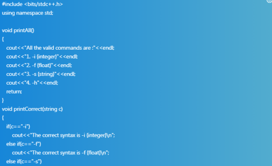 #include <bits/stdc++.h> using namespace std; void printAllo cout<<All the valid commands are:<<endl: cout<<1. -i finteger