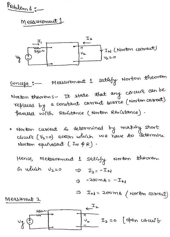 Problem 6e- measurement 1 Iz 250 Y IN (Norton current) V2=0 Concept - Measurement 1 satisfy Norton theorem Norton theorems -
