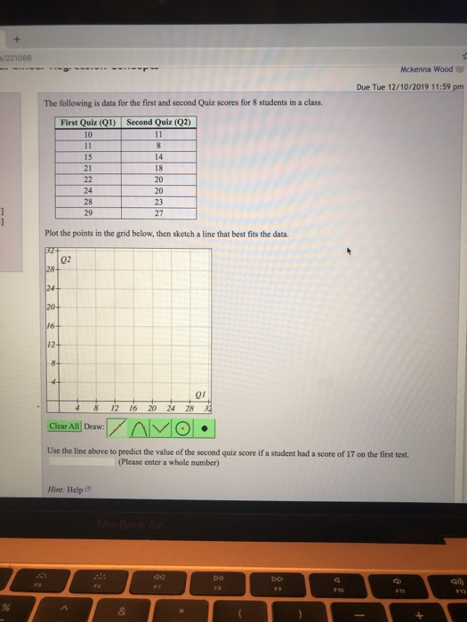 s/221066 Mckenna Wood Due Tue 12/10/2019 11:59 pm The following is data for the first and second Quiz scores for 8 students i